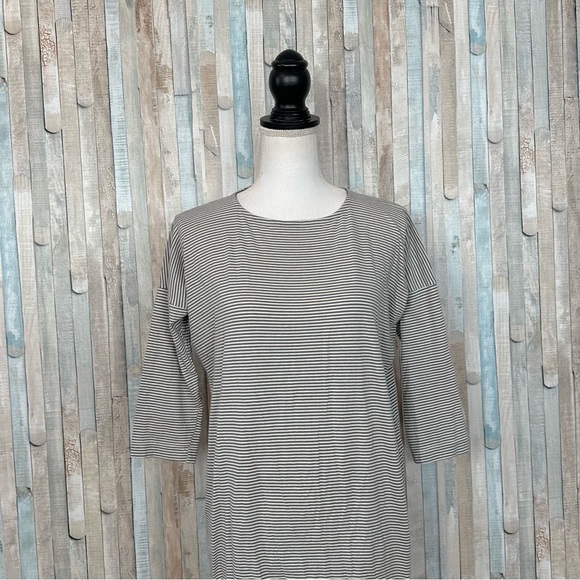 Samuji S Gray Stripe Knit Drop Shoulder 3/4 Sleeve Tunic Mini T Shirt Dress $205 - Picture 3 of 8
